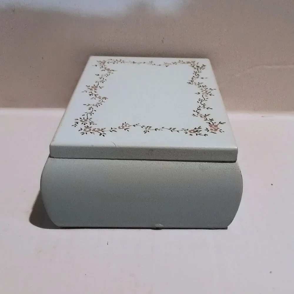 Vintage Hand Painted Wooden Jewelry Box-Floral Design-Mirror-Felt Lined-Cottage
